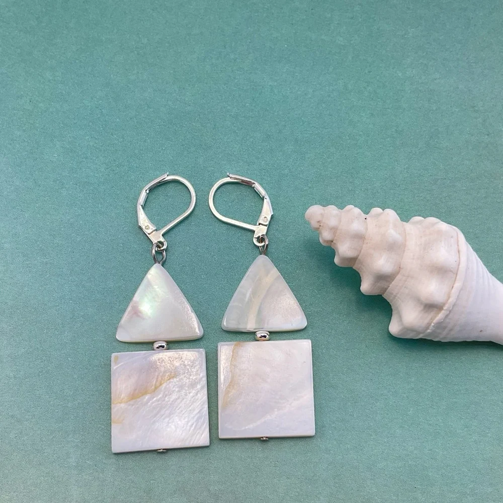 Mod Mother of Pearl Earrings, Handmade, Triangles & Squares, Neutral